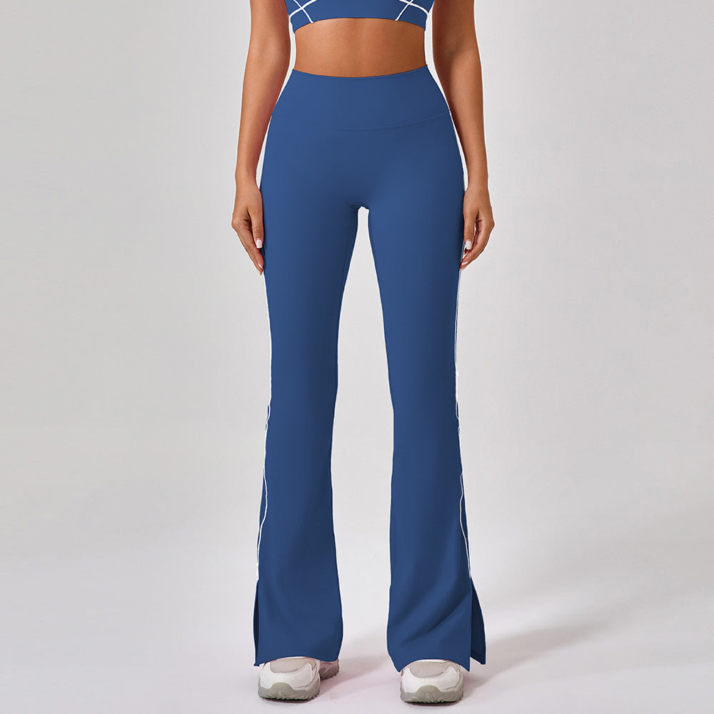 High-waist yoga bell pants, royal blue with side slit and contrast piping