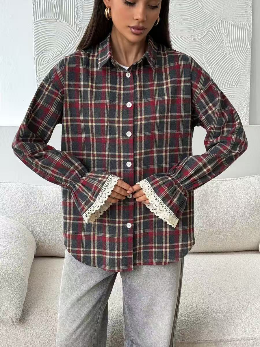 Plaid Flannel Shirt for Women — Oversized Button Down with Lace Trim Cuffs