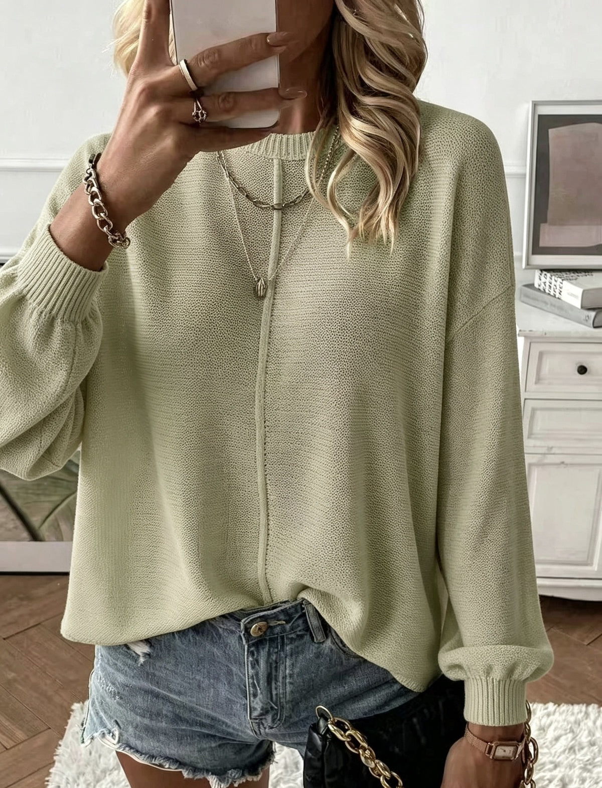 Oversized Knit Sweater for Women — Round Neck Drop Shoulder Pullover in Soft Cotton
