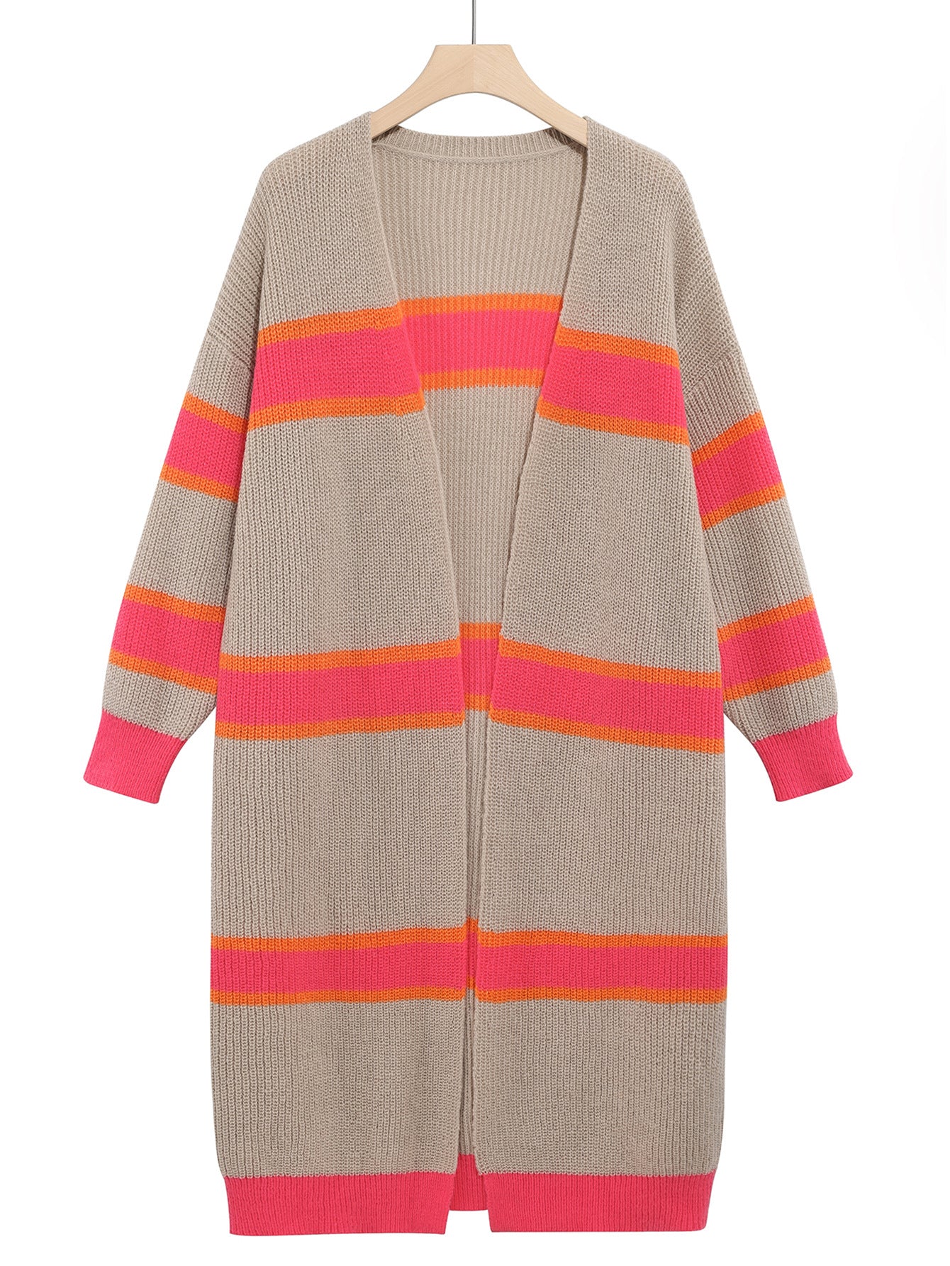 Striped Duster Cardigan for Women — Longline Open Front Knit with Side Slits in Soft Wool