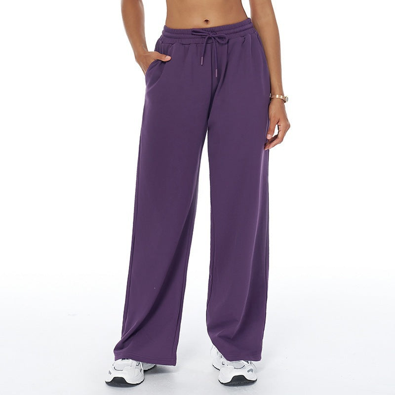 High-waisted loose sweatpants with straight legs, drawstring waist, dark purple