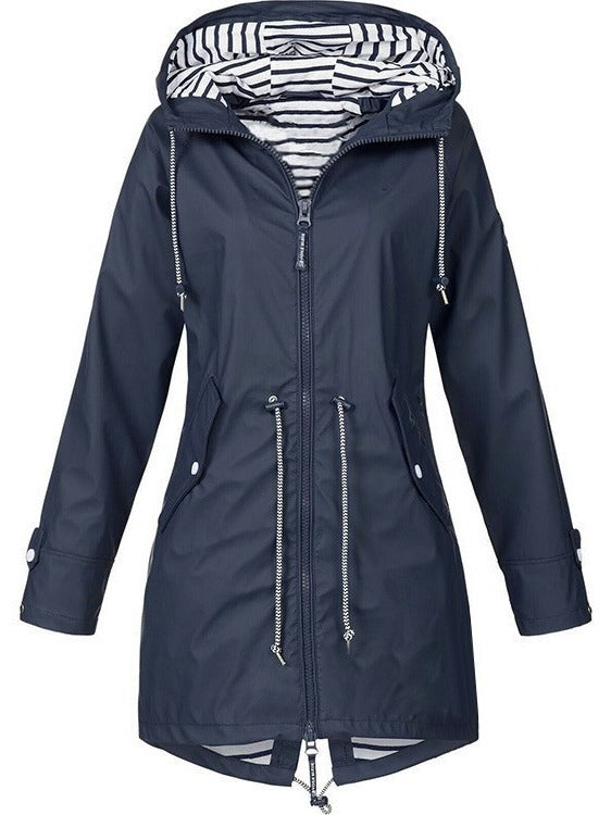 Navy hooded parka jacket with striped lining, full front zipper and long sleeves.