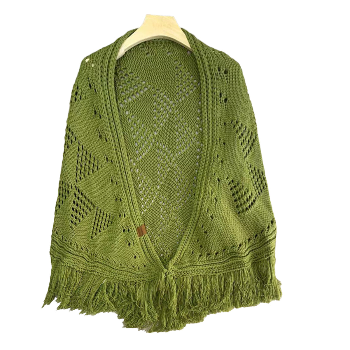 Green crochet triangle shawl with hollow diamond pattern and fringe tassels.