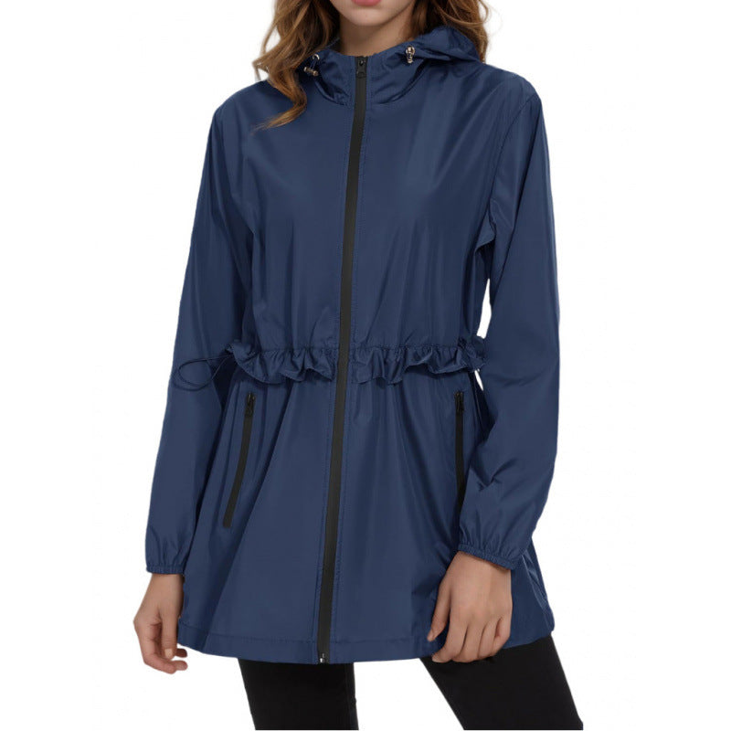 Navy blue lightweight hooded windbreaker jacket with full-zip front and drawstring waist