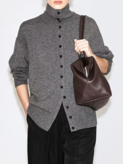 Gray high-collar button-front textured knit cardigan, long sleeves