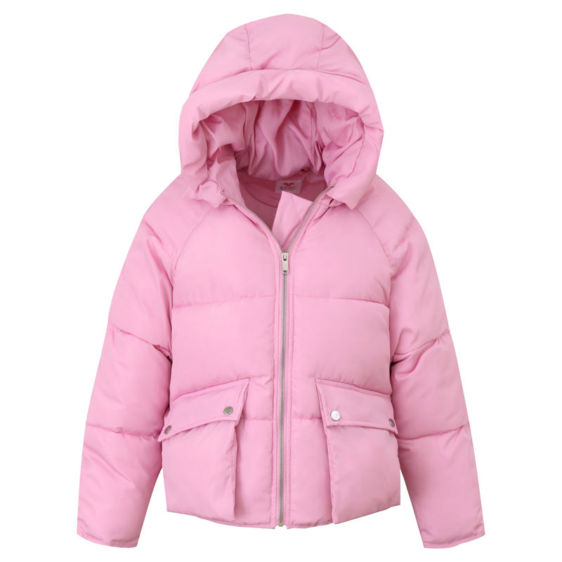 Women’s hooded short puffer coat in pale pink with full-zip front and snap flap pockets
