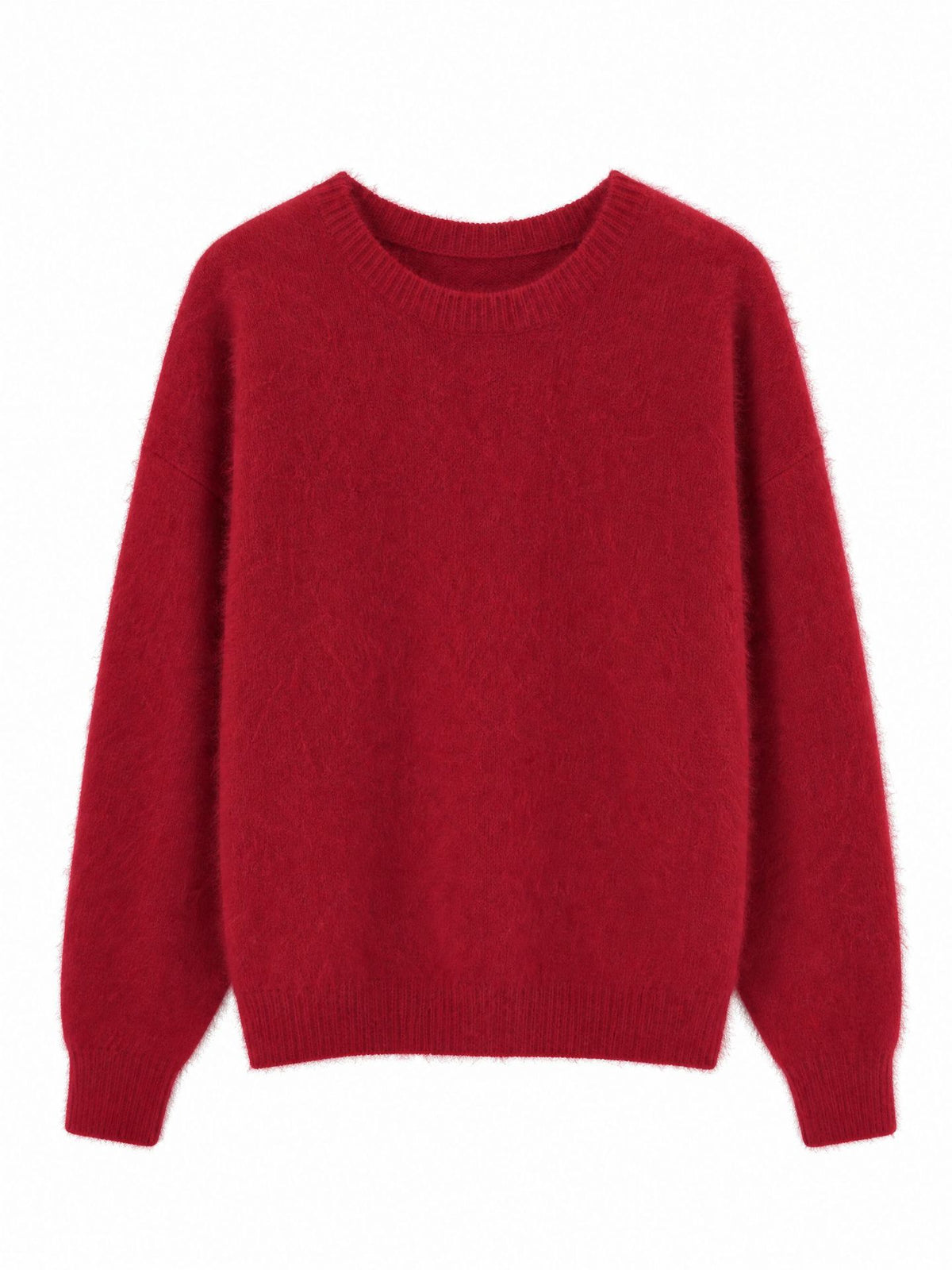 Women’s crew neck cashmere sweater in deep red brushed knit with ribbed trim