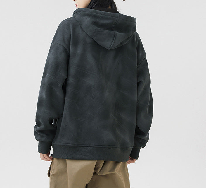 Dark gray hooded zip cardigan sweatshirt, back view with drawstring hood