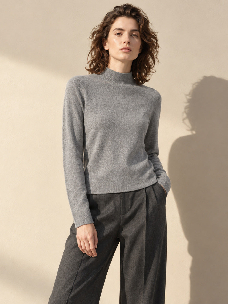 Women’s long-sleeve half high-neck knit pullover base layer in heather gray