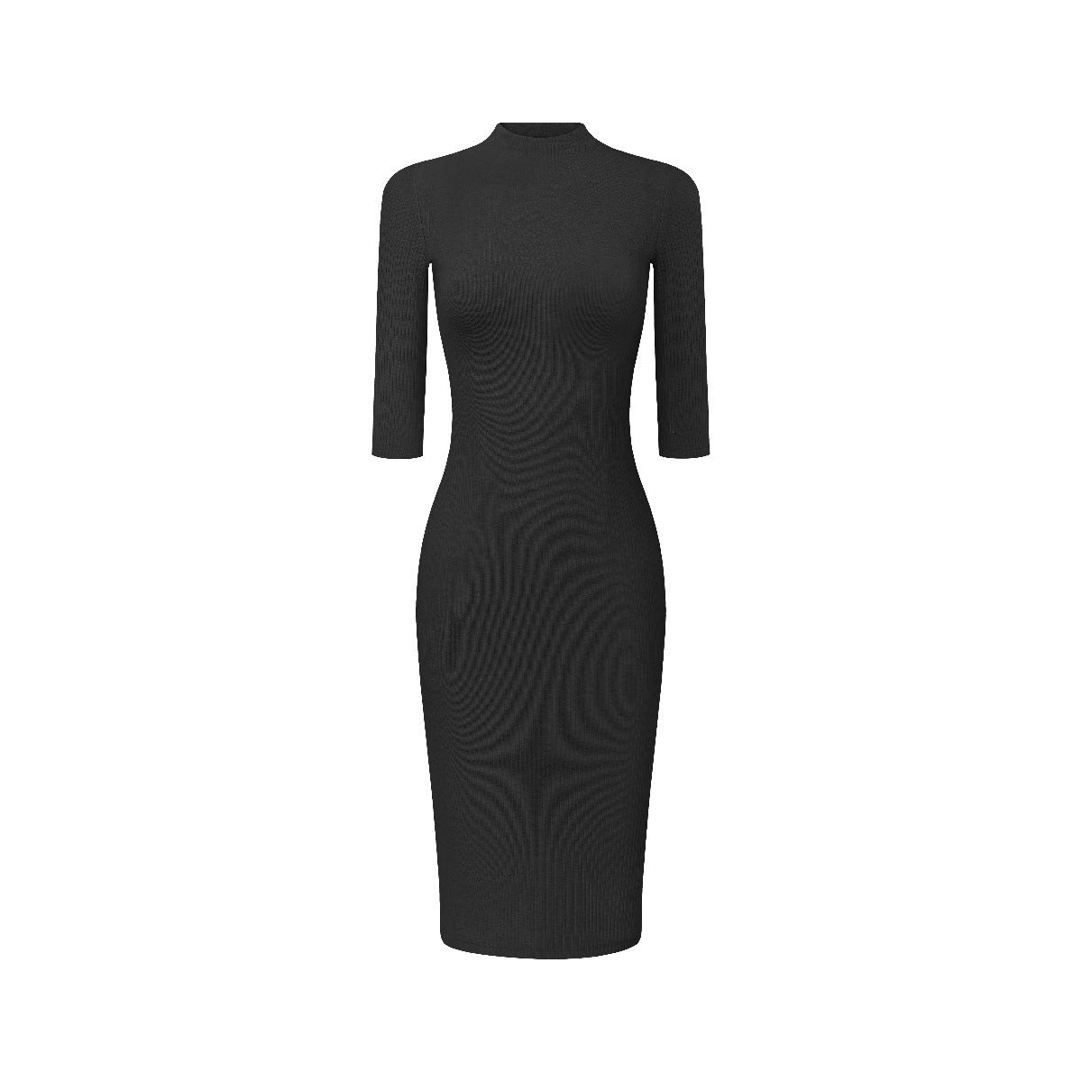 Black mock neck bodycon ribbed knit dress, back view, three-quarter sleeves, midi length