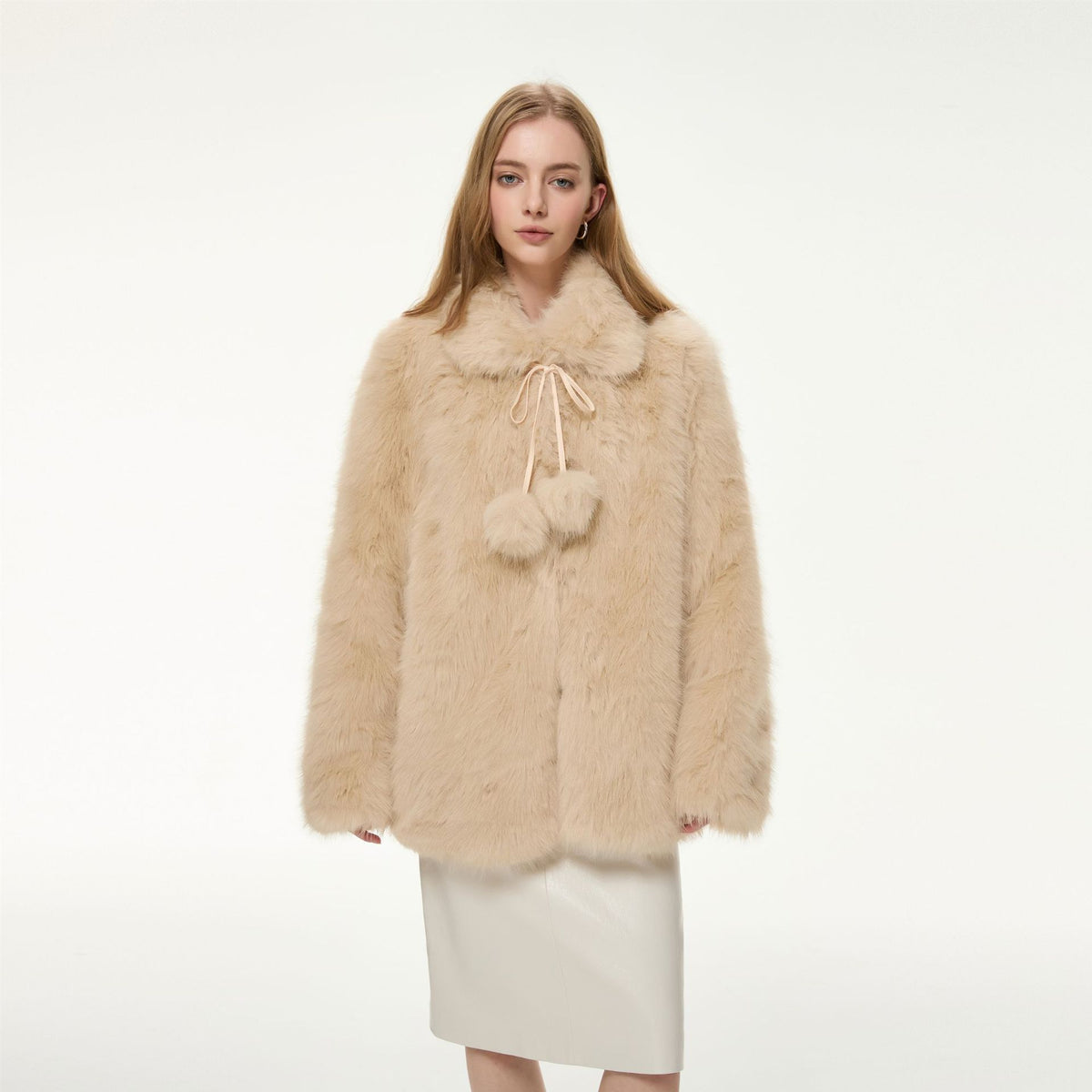 Cream faux fur coat with drawstring hood pom-pom, pullover style