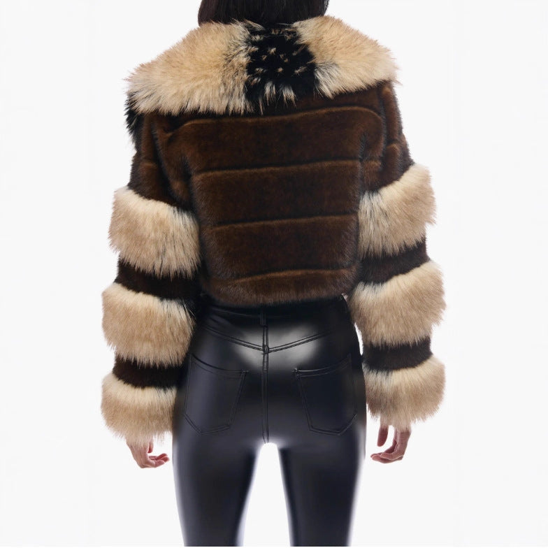 Brown faux fur cropped jacket with beige cuffs and striped back/shoulder panels