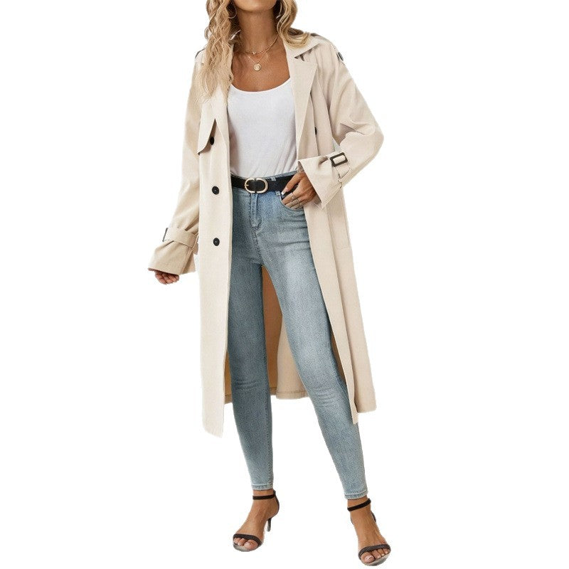 Long Trench Coat for Women — Classic Double Breasted Belted Style in Cotton