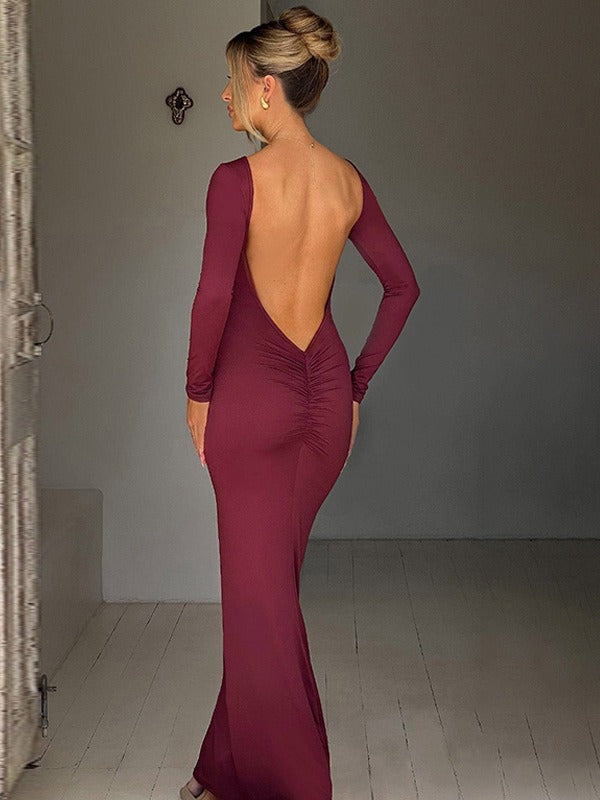 Burgundy backless bodycon maxi dress, long sleeves with V-cut open back