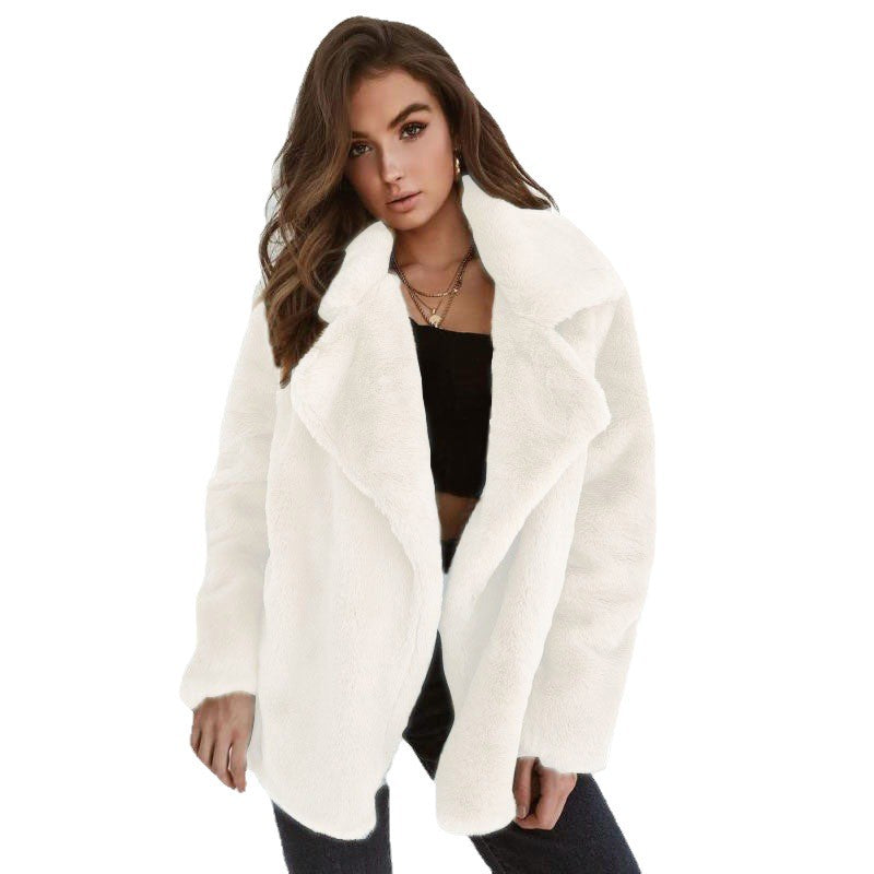 White faux fur winter jacket with notched lapels, open front and long sleeves