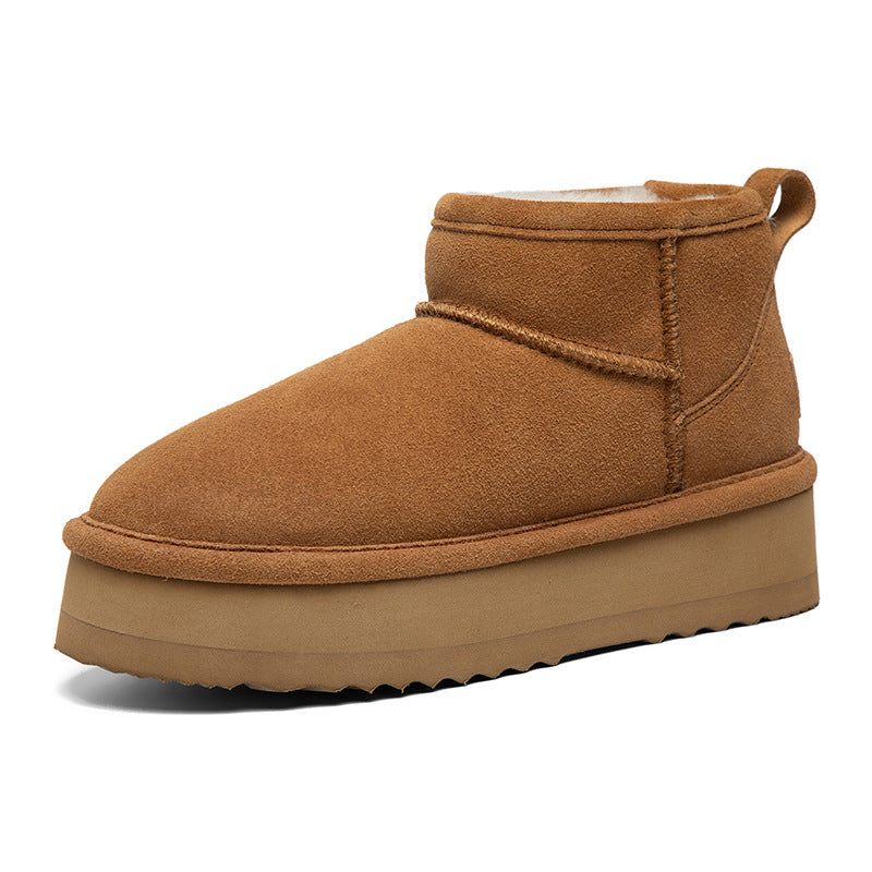 Brown suede short snow boot with slip-on collar and cushioned sole