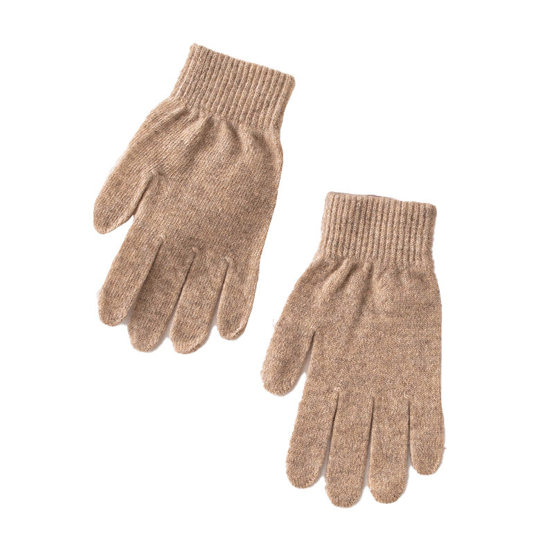 Tan full-finger gloves shown from above, with textured knit and ribbed cuffs.