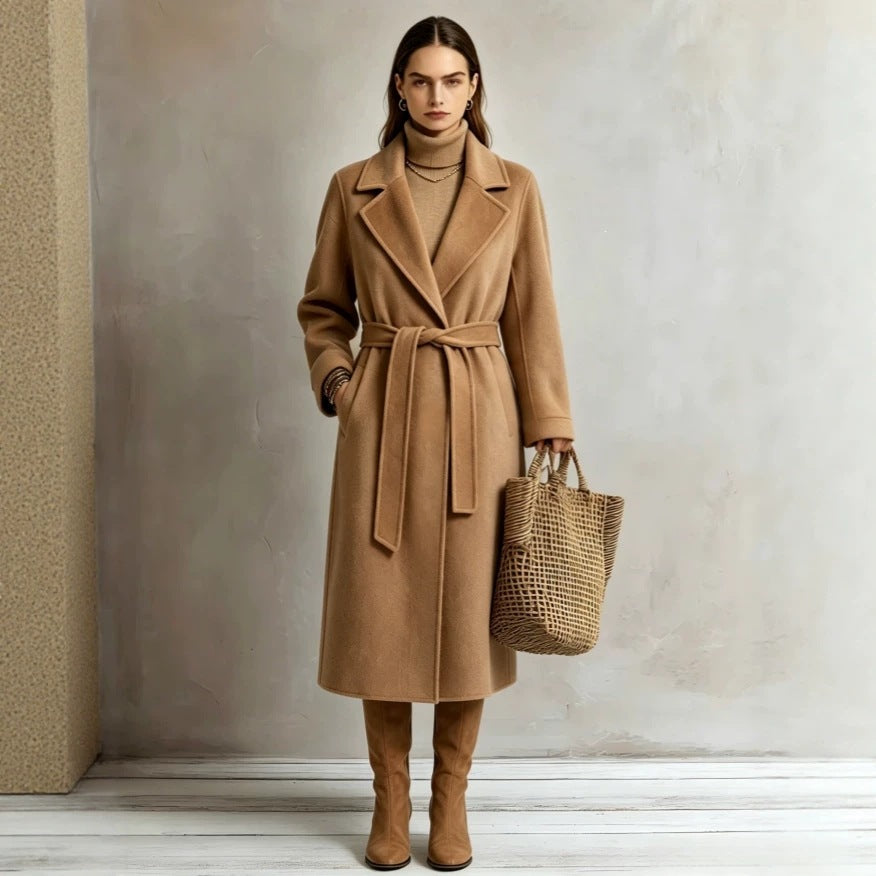 Khaki long lapel coat with tie belt, women's wool-style overcoat