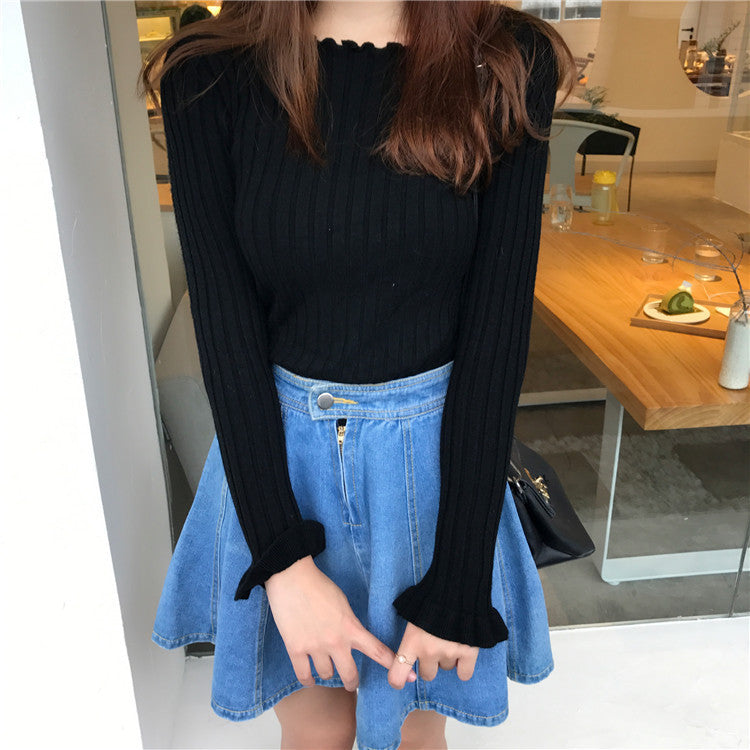 Ribbed Knit Sweater with Flare Sleeves for Women — Fitted Ruffle-Trim Style in Viscose