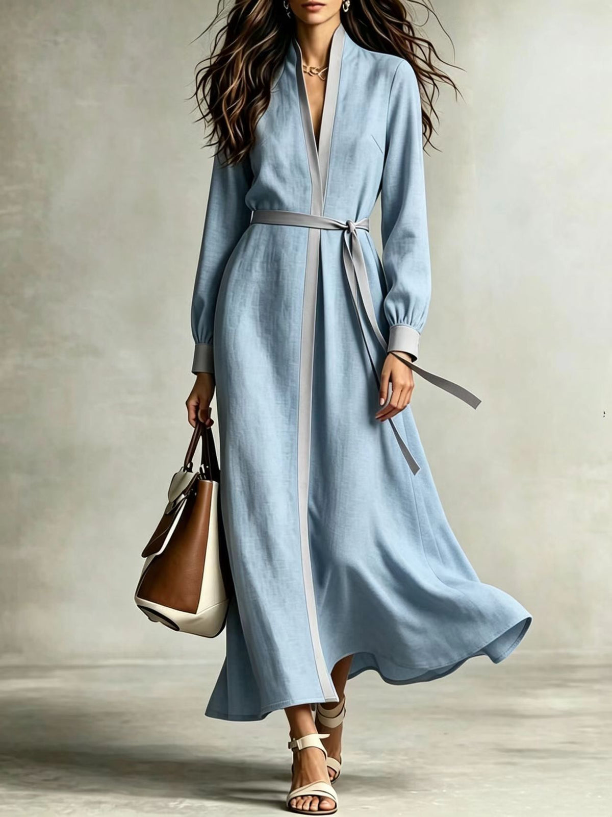 Sky blue women's V-neck tie-waist long-sleeve maxi dress with flowing skirt