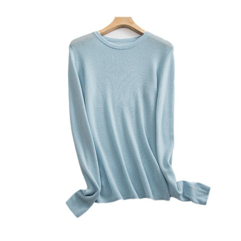 Women’s crew neck sweater, light blue, long sleeves, fine knit pullover