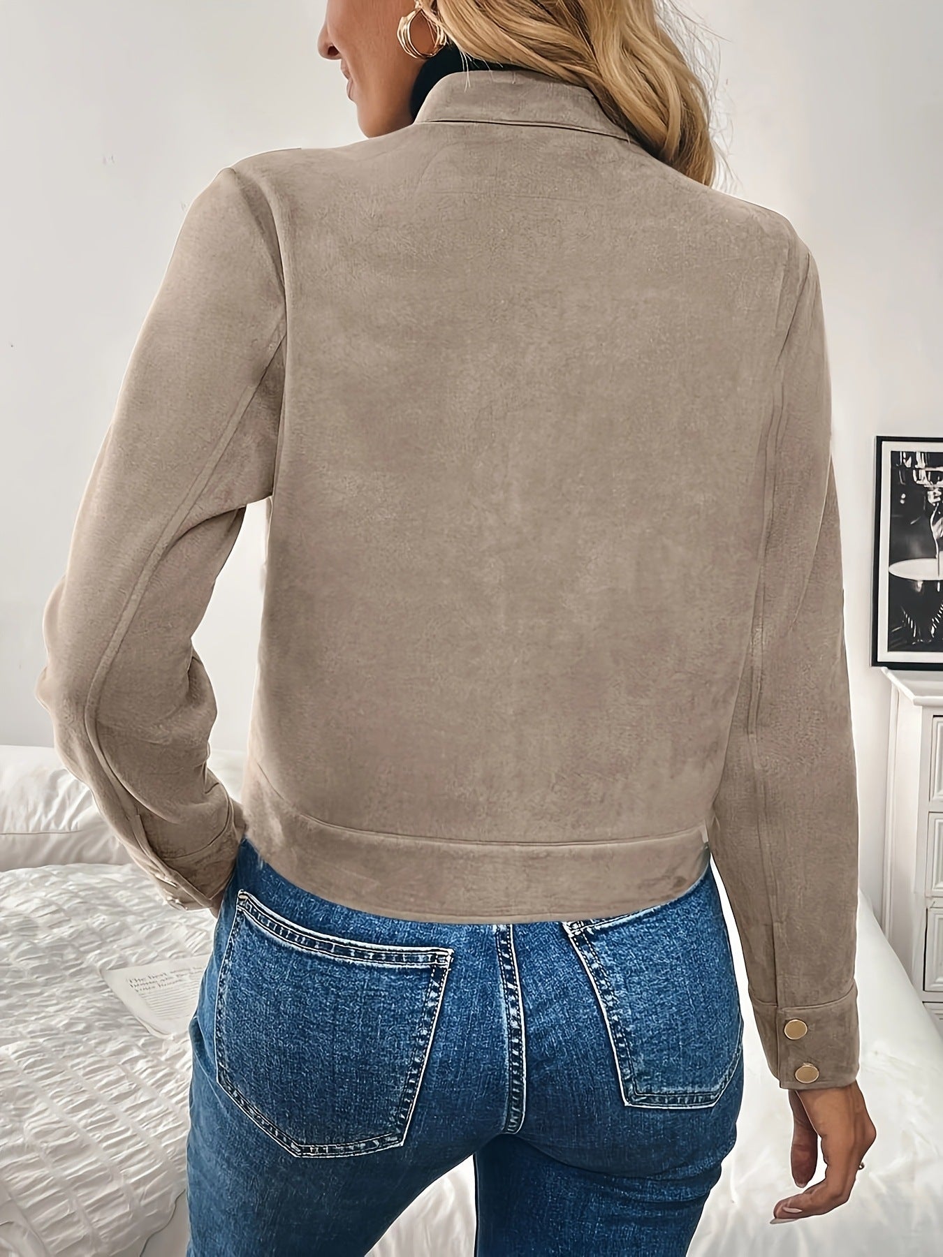 Khaki faux suede short utility jacket with plain back and front zip