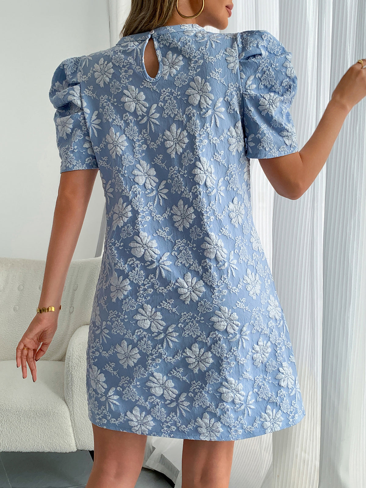 Floral Jacquard Mini Dress — Short Puff Sleeve A Line Shift for Weddings