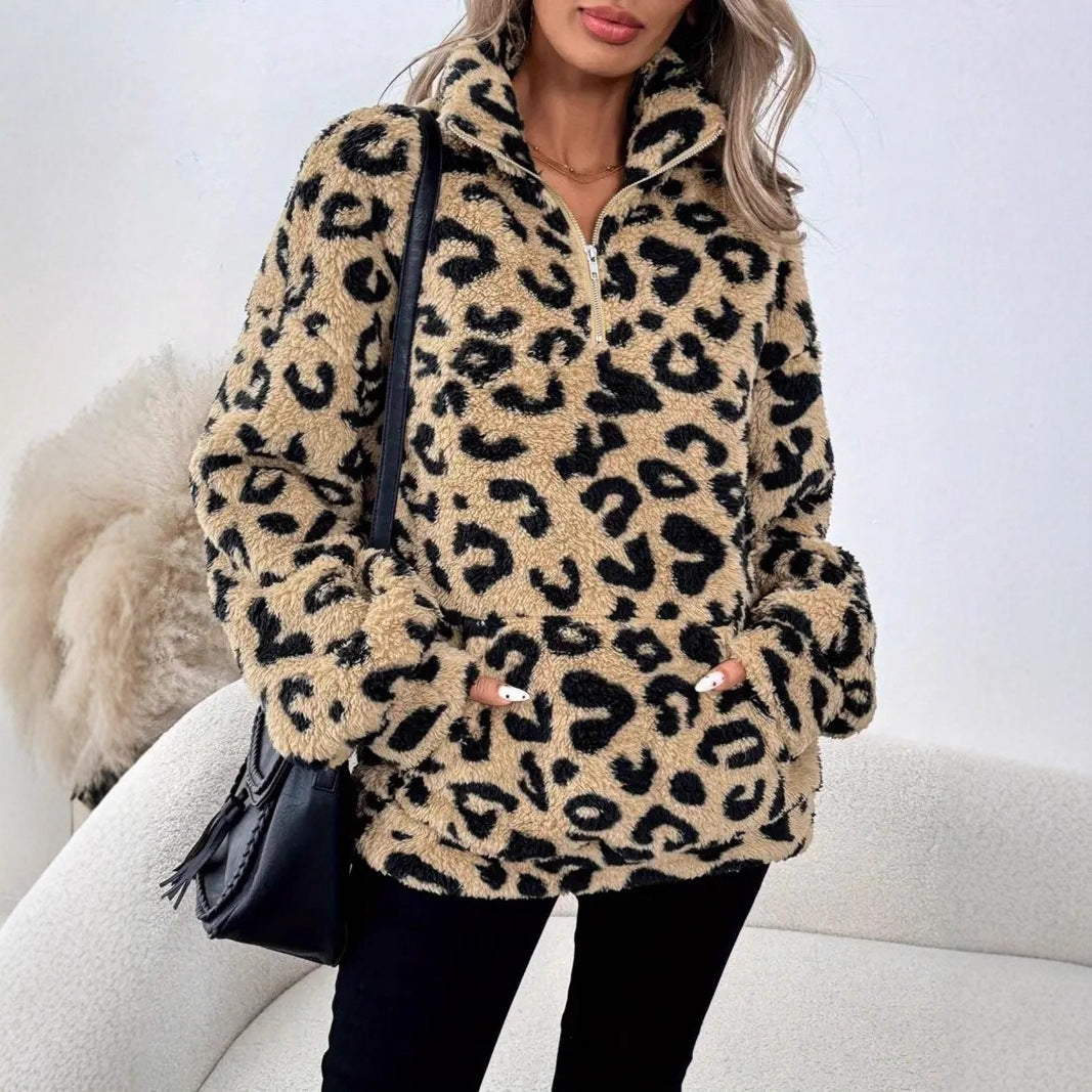 Leopard print zip-up fleece sweatshirt with front pockets and stand collar