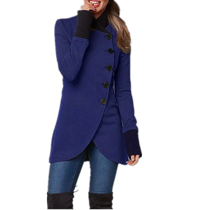 Navy blue long coat with button front, long sleeves, and high side-slit hem