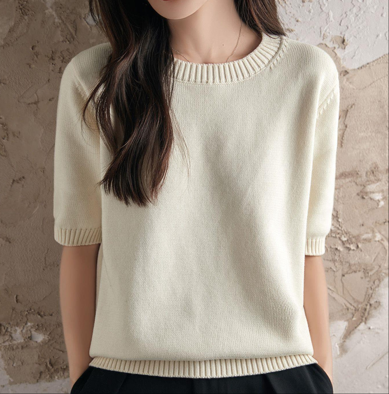 Short Sleeve Knit Top for Women — Crew Neck Cotton Sweater Tee with Ribbed Trim