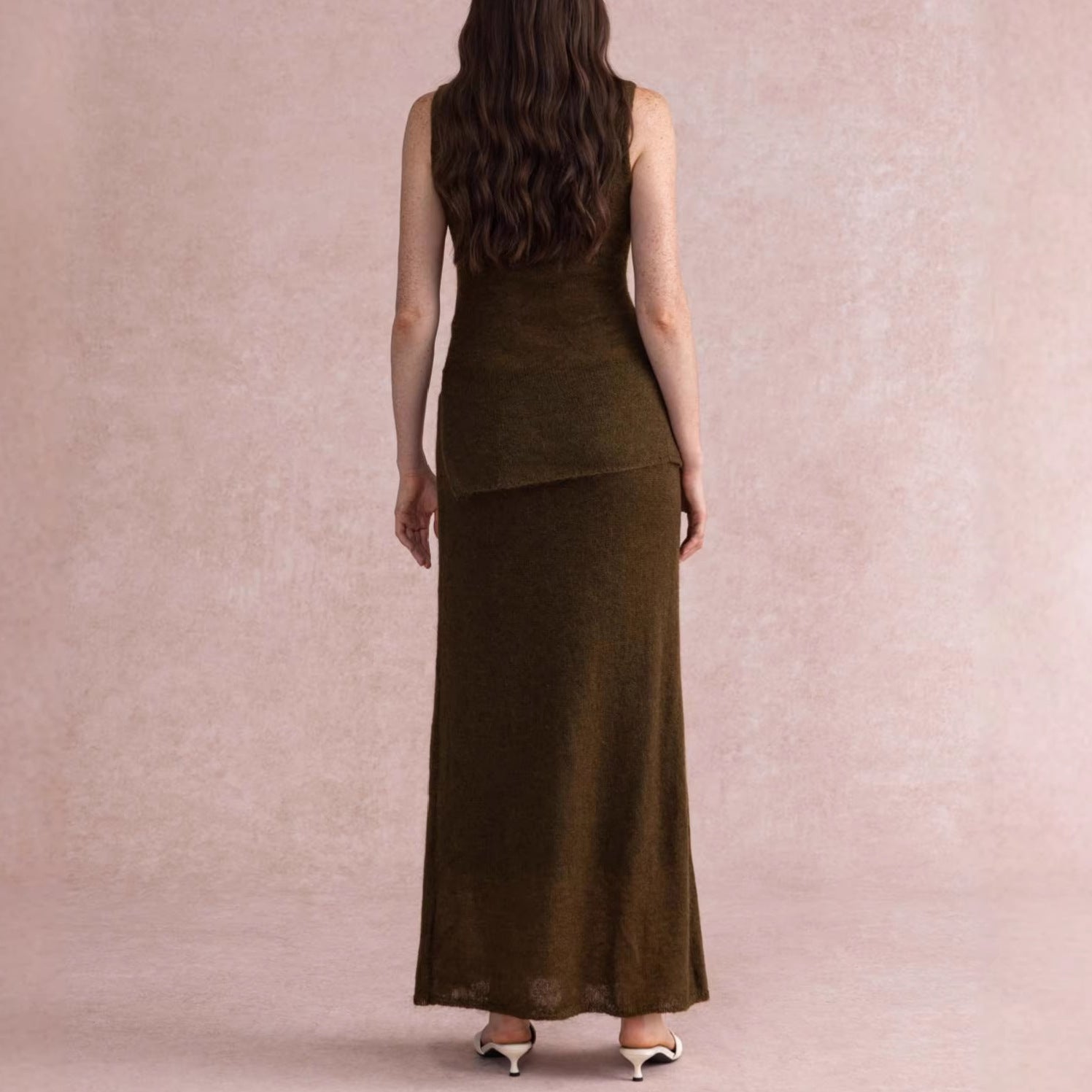 Sleeveless high-neck knitted top and long bodycon skirt set, dark brown, back view