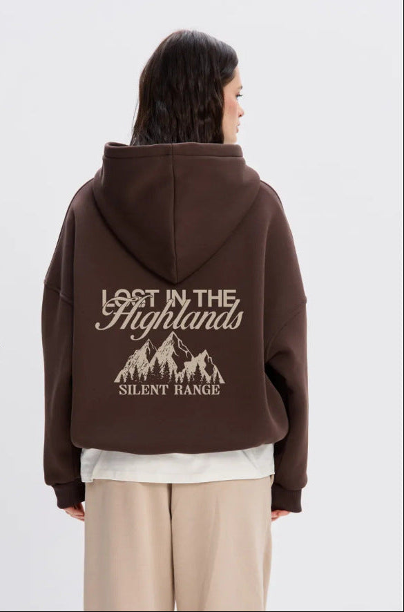 Women's brown hooded pullover sweatshirt with back graphic and kangaroo pocket
