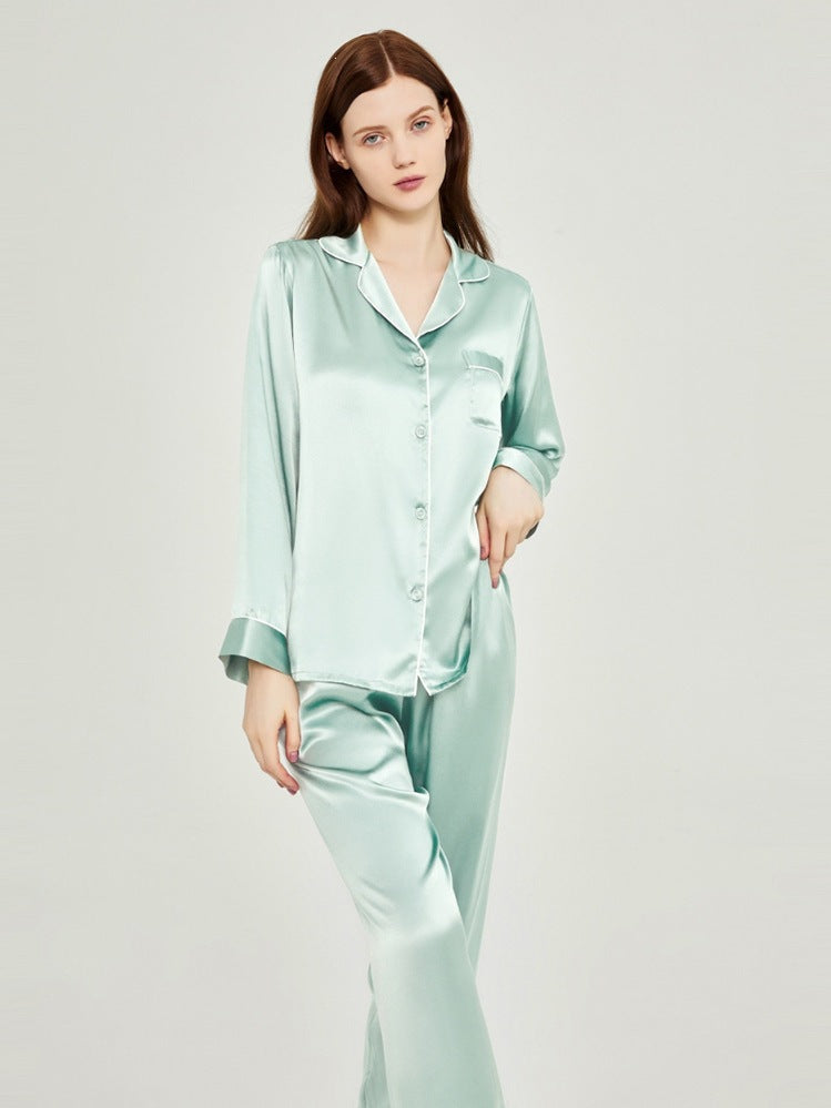 Pale mint silk pajama set with piped shirt and matching pants