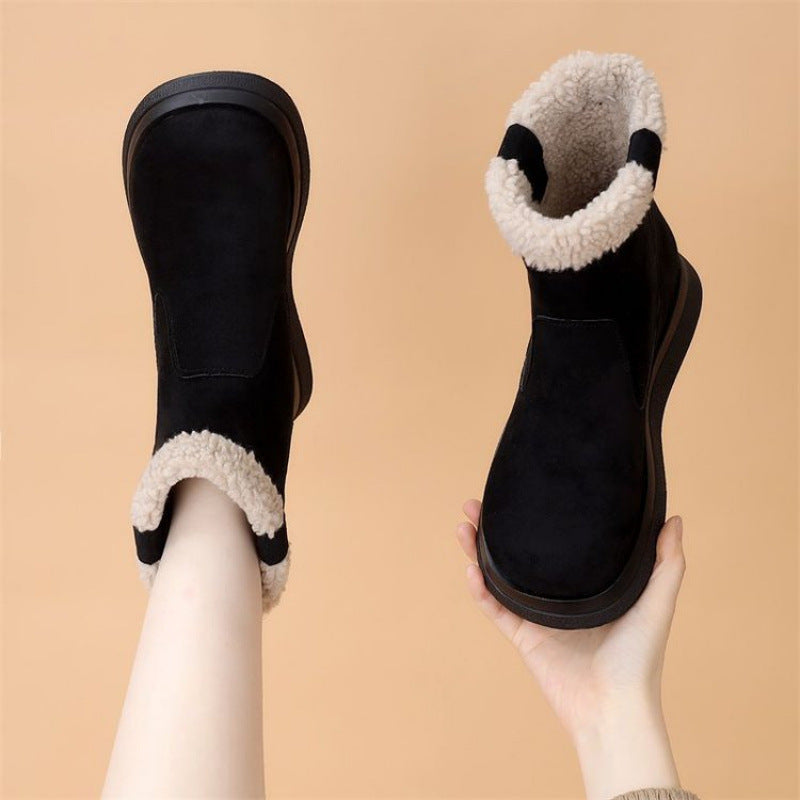 Black suede short boots with fluffy fleece collar and low tread sole