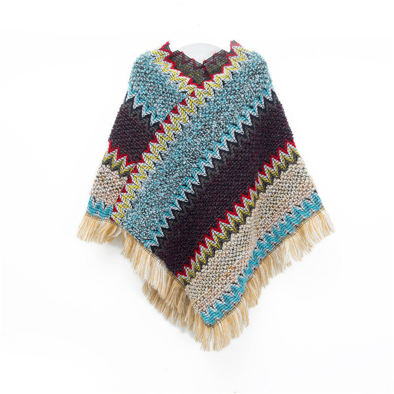 Knit Poncho for Women — Chevron Fringe Trim with Boho V Neck Drape in Soft Wool