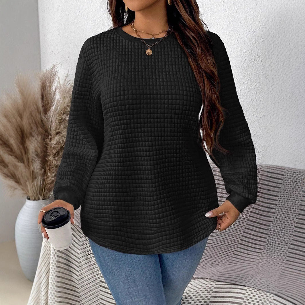 Women's black textured pullover sweatshirt, crew neck, long sleeves