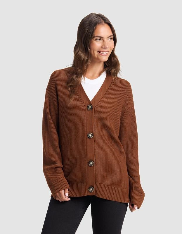 Brown ribbed V-neck cardigan with dark buttons and a relaxed fit