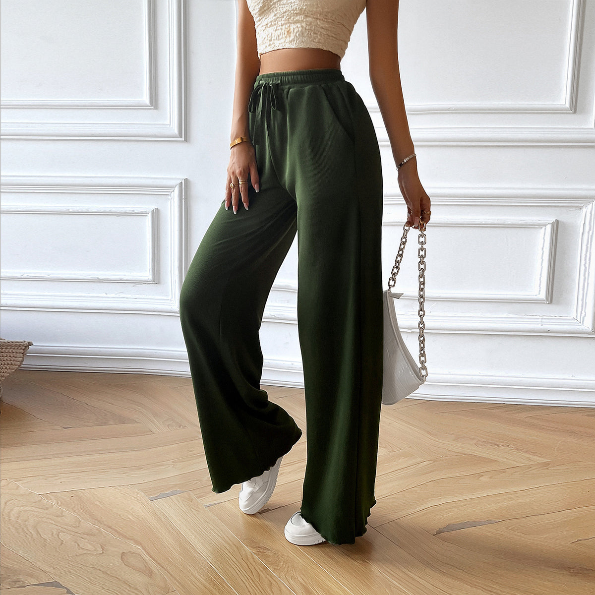 Army green wide-leg drawstring pants with loose fit and elastic waist
