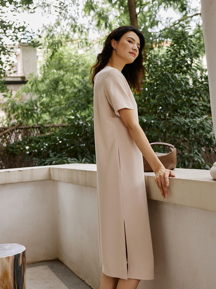 Short Sleeve Midi Dress with a Side Slit — Crew Neck Shift Style in Crepe