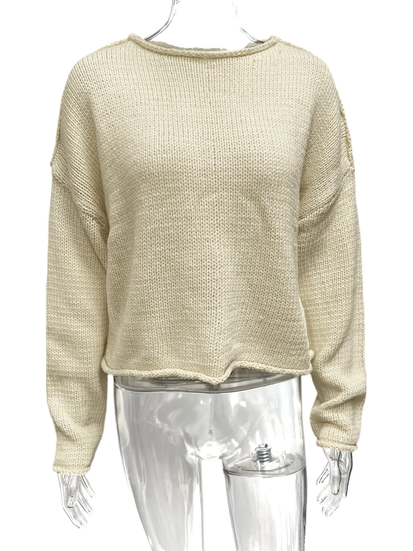 Women’s cream knit sweater top with long sleeves, straight back hem