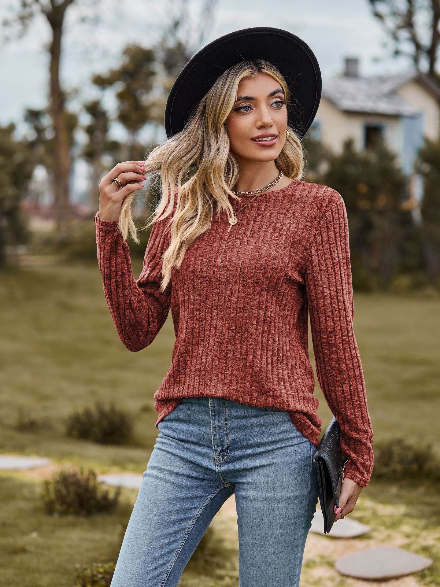 Heathered Ribbed Knit Top — Relaxed Long Sleeve Crewneck Style in Modal