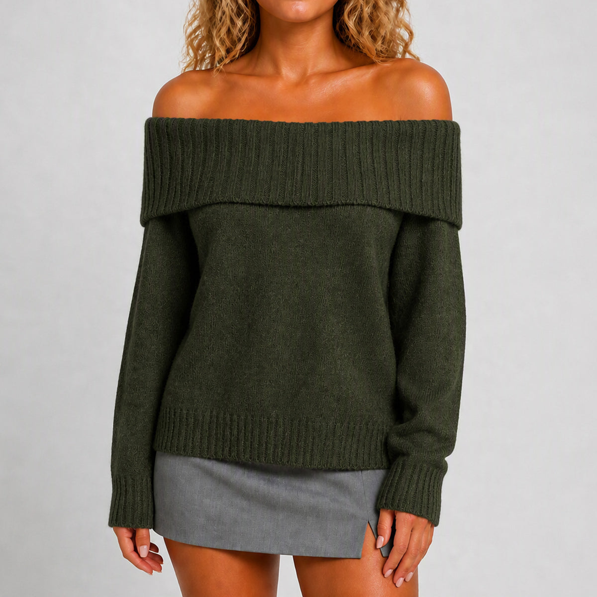 Off Shoulder Sweater for Women — Oversized Fold Over Collar Knit in Soft Wool Blend
