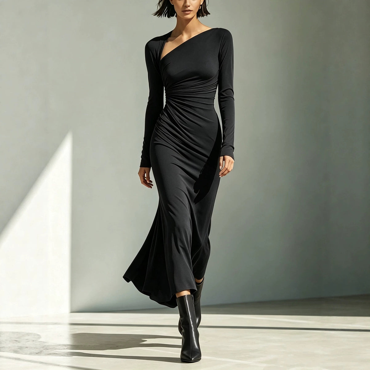 Black ruched V-neck long-sleeve maxi dress with draped side
