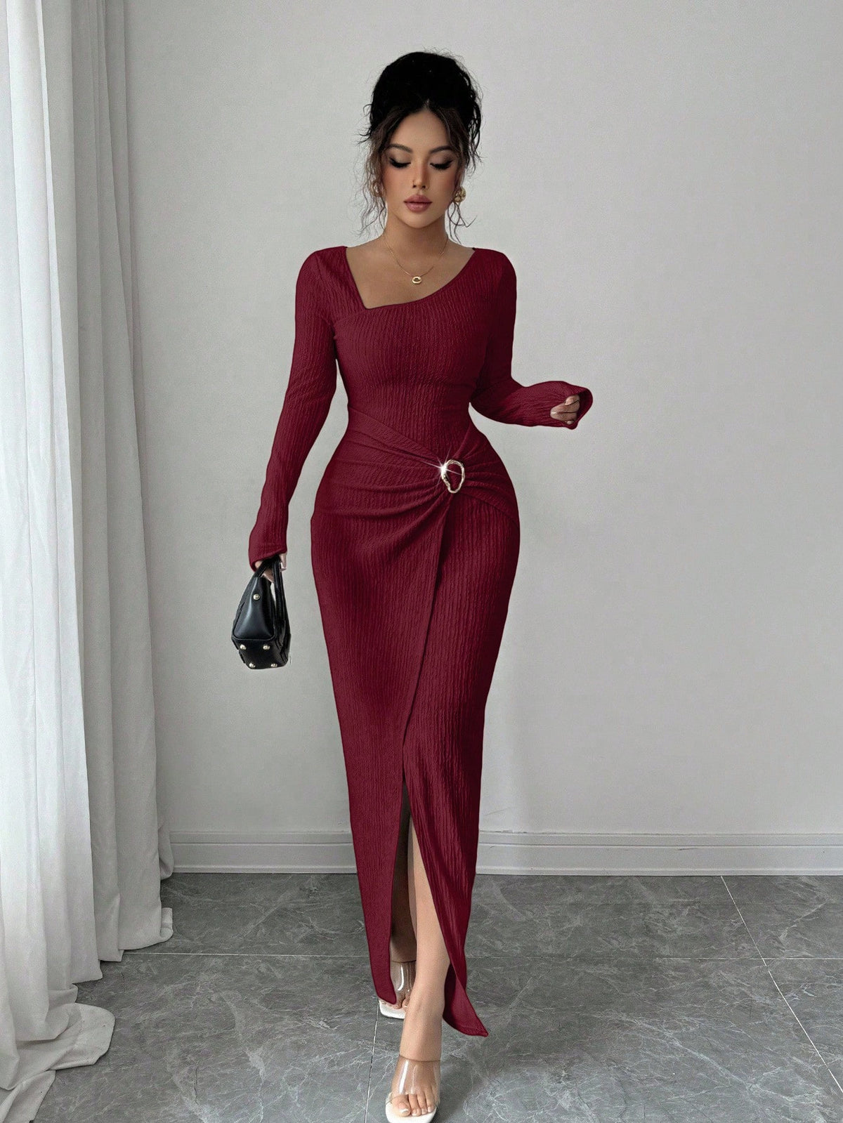 Wine red ribbed bodycon maxi dress with long sleeves, scoop neck, and high side slit