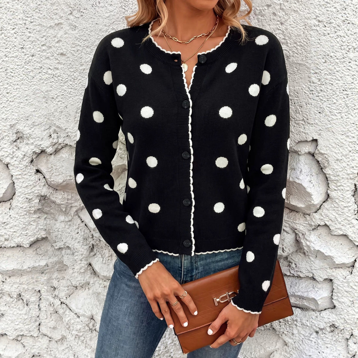 Polka Dot Cardigan for Women — Button Front with Contrast Scallop Trim in Soft Knit