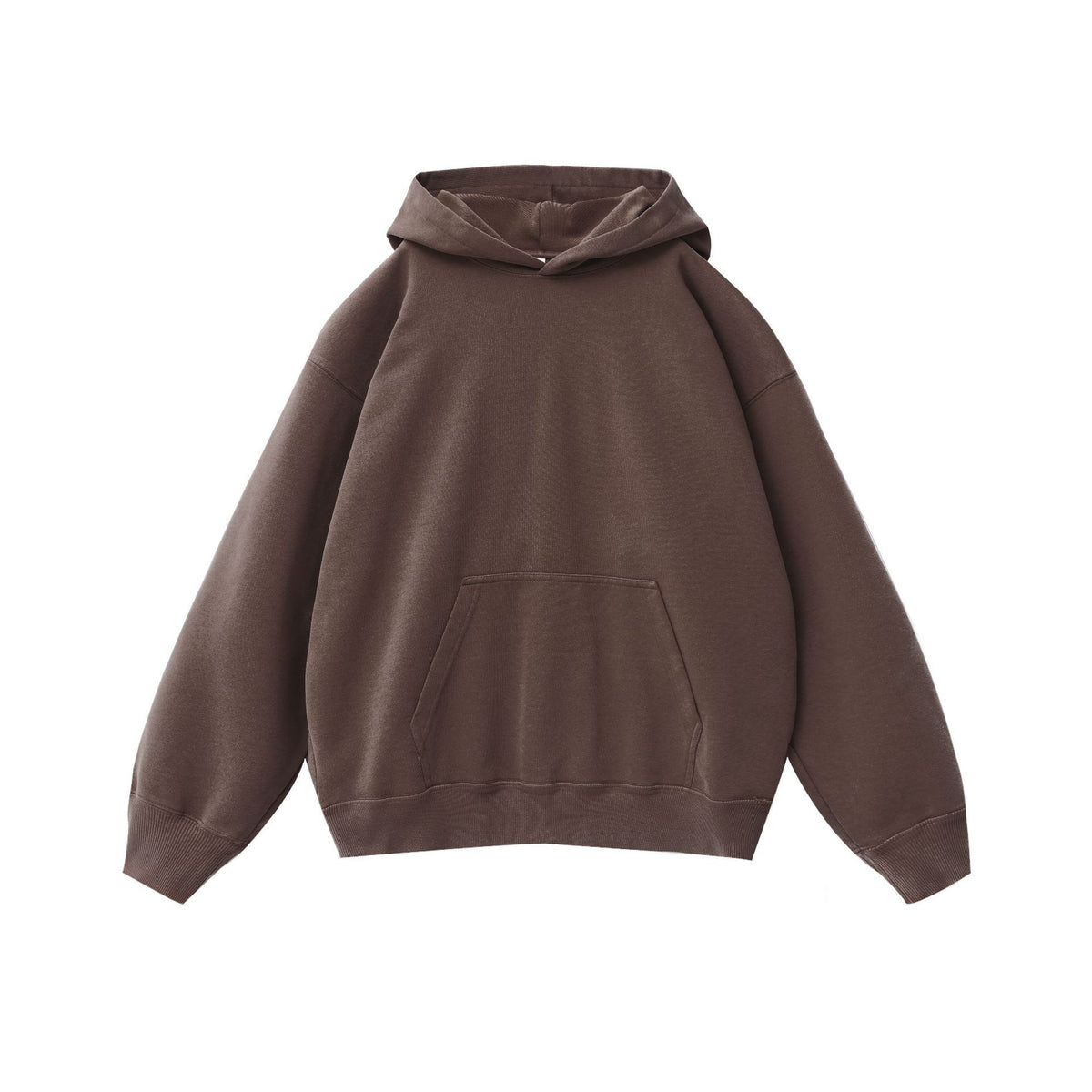 Brown hooded sweatshirt with front pouch pocket and pullover hood, long sleeves