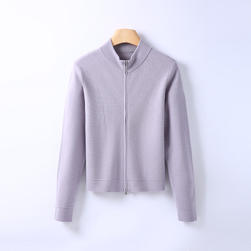 Women’s light purple-gray knit cardigan with stand-up collar and front zipper