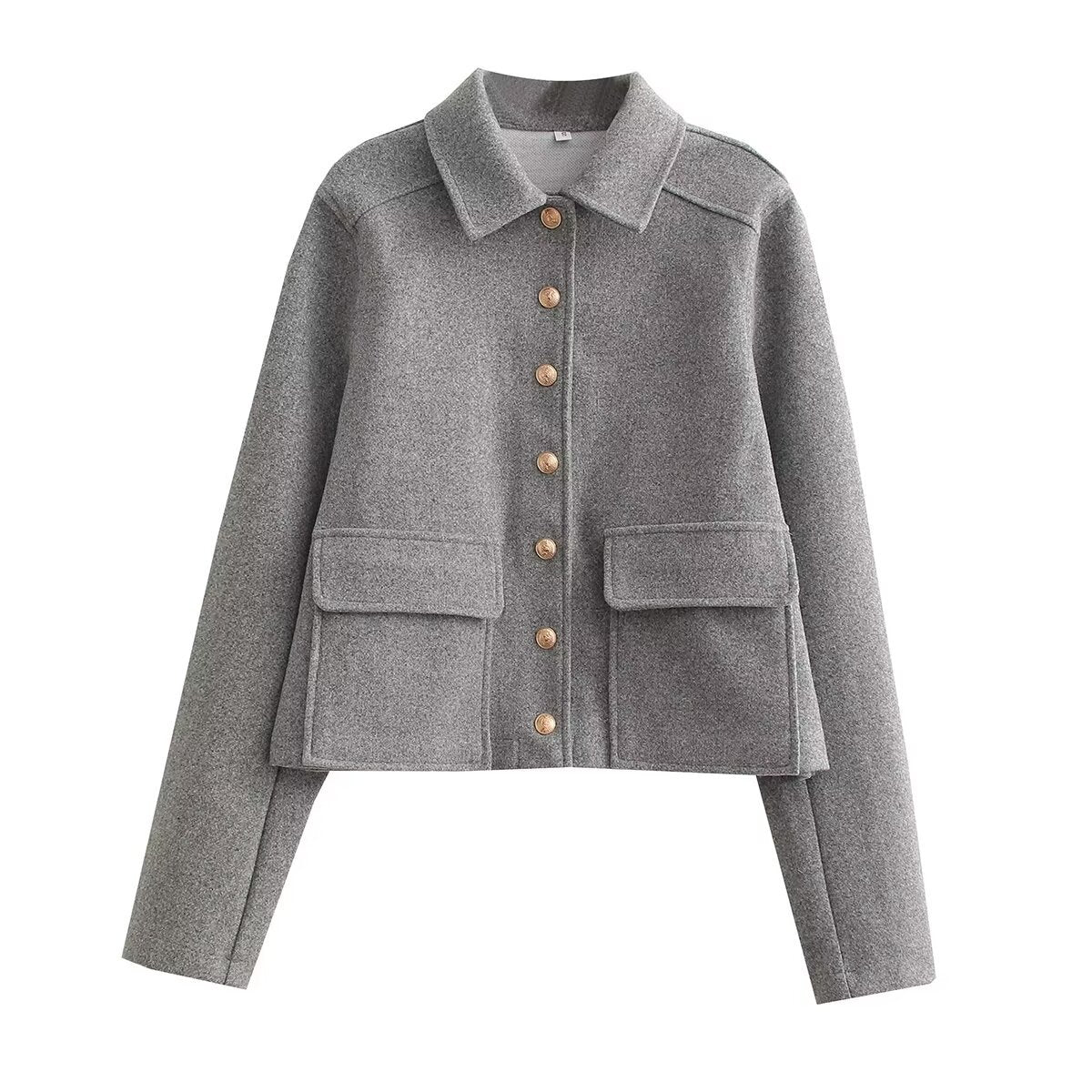 Women’s gray single-breasted jacket with notch lapel, button front, and two flap pockets