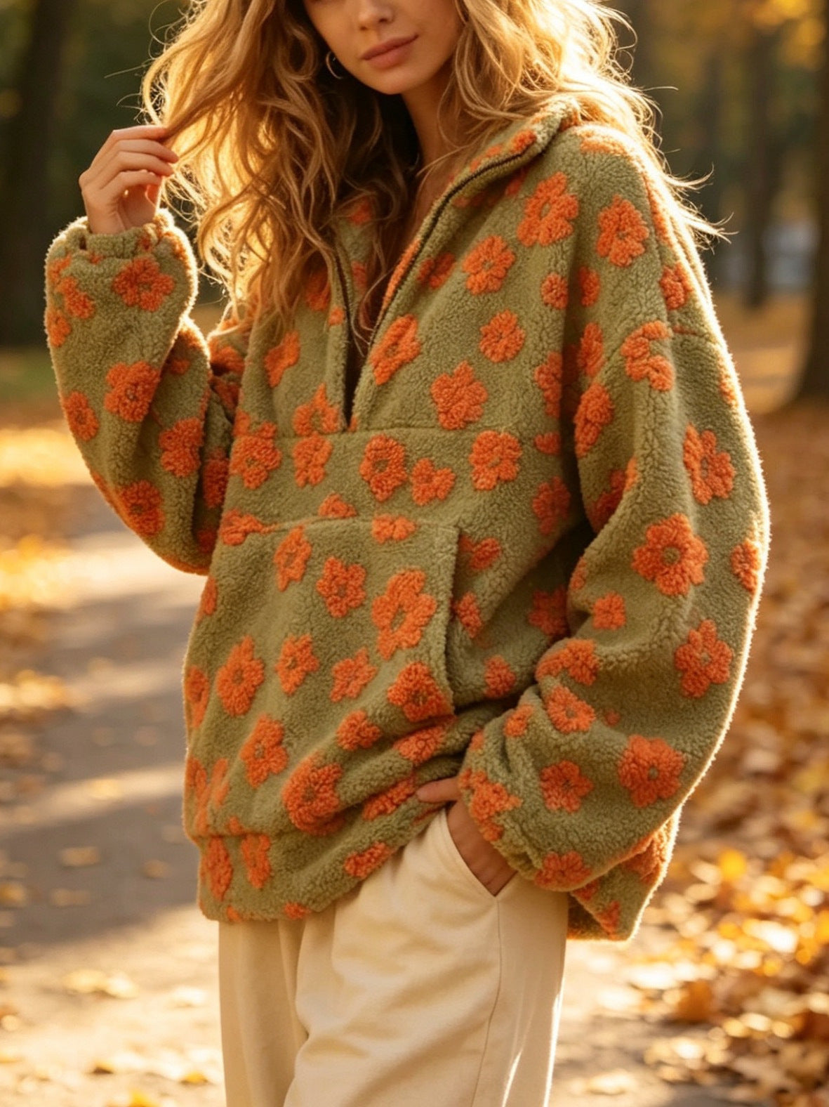 Green fleece half-zip hoodie with orange floral pattern and long sleeves