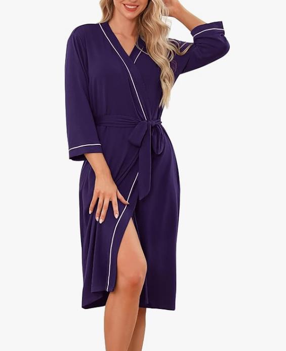 Purple kimono robe with V-neck, tied belt, 3/4 sleeves, front slit with contrast trim